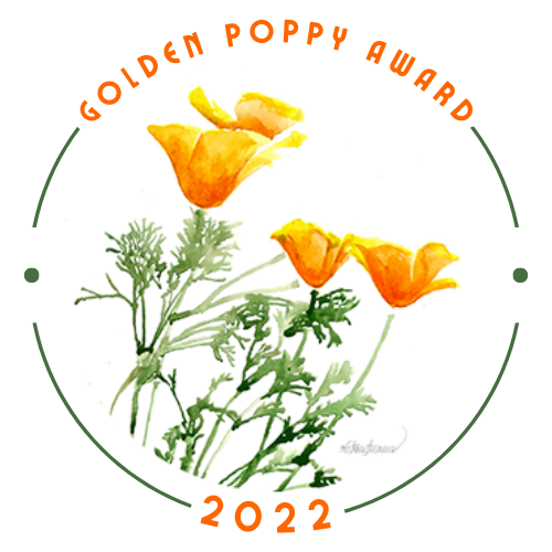 Golden Poppy Awards 2022 in a circle around painted California Golden Poppies by Obi Kaufmann