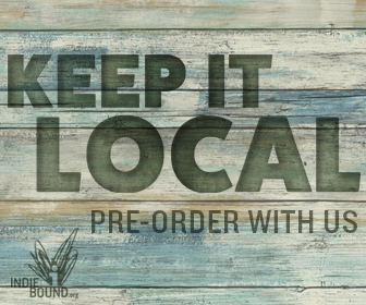KEEP IT LOCAL PRE-ORDER WITH US IndieBound abstract open book logo on bluetone watercolor wash background